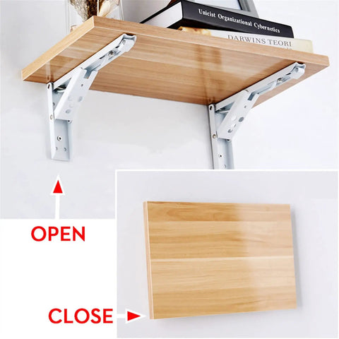 Slick Fold Away Corner Brackets For Wall Shelves And Tables Heavy Duty Support With No Sweat Screw Setup Straight Up Easy Hidden Triangle Mount White 14 Inch Pair with a wooden shelf.