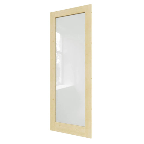 Side view of Pine Wood Slab Door With Frosted Glass For Interior Use 36 By 80 Inches Farmhouse Shaker Style.