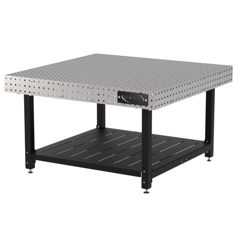 Heavy Duty Welding Fixture Table With Storage Shelf 60 By 60 By 36 Inches precision laser cut steel table with shelf.