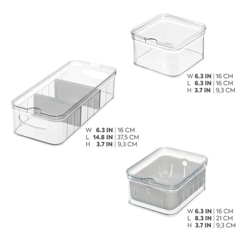 Three Piece Refrigerator Organizer Set With Lids For Fresh Produce And Storage, clear and gray bins, three sizes, side view