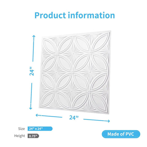 Decorative PVC Drop Ceiling Tile White 2x2 Ft Glue Up Ceiling Panel 24x24 Inches Pack of 12 Easy Install Over Substrates