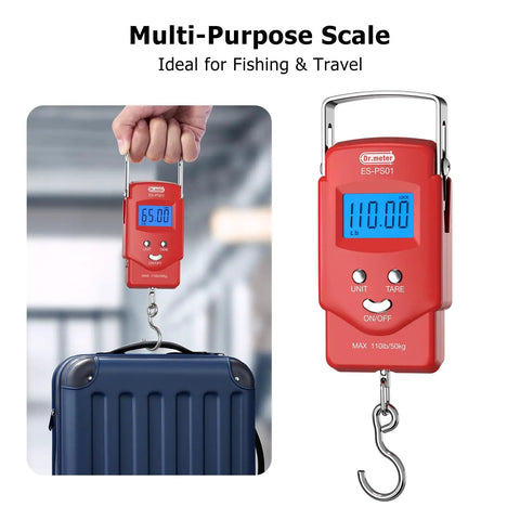 Digital Luggage Scale 110 Lb With Tape And Stainless Steel Hook Ultra Accurate For Travel And Fishing A Super Handy Weighing Tool For Baggage Or Gear Everyday Carry. Red digital luggage scale with stainless steel hook weighing a suitcase.