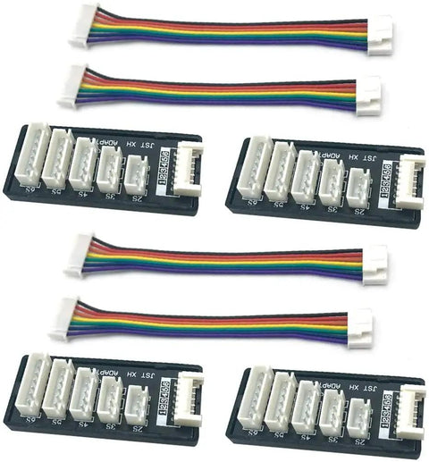 Rad 4Pcs JST XH Balance Board Set For 2S To 6S Lipo Packs showing four adapters with color-coded wires for RC chargers.