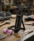 Portable Drill Bit Sharpener With Adjustable Angle Jig on workbench with tools, sharpening drill bits for optimal performance.