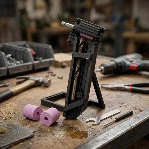 Portable Drill Bit Sharpener With Adjustable Angle Jig on workbench with tools, sharpening drill bits for optimal performance.