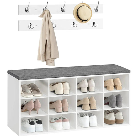 Shoe Storage Bench With Cushion 39 Inch Entryway Bench With 12 Cubbies And Coat Rack Hall Tree Style Storage Cabinet For Hallway White Finish Holds Up To 330 Lb