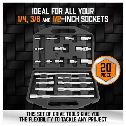 20 Piece Socket Extension Bar Set With One Quarter Inch, Three Eighths Inch And One Half Inch Drives, Universal Joints, Couplers And Shank in case