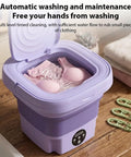 No Hustle Foldable Washing Machine With Three Deep Clean Settings And Super Chill Spin Dry for delicates in a purple collapsible tub.