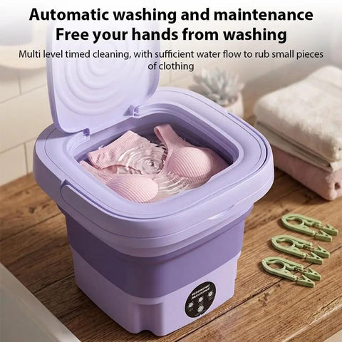 No Hustle Foldable Washing Machine With Three Deep Clean Settings And Super Chill Spin Dry for delicates in a purple collapsible tub.