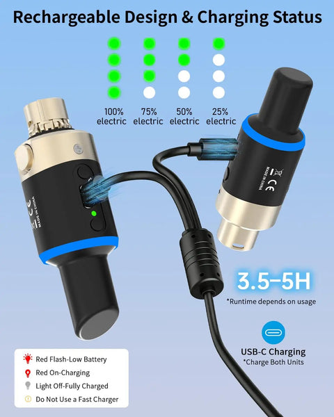 Rechargeable design of 4 Channel 5.8 GHz Wireless Microphone System With XLR Transmitter And Receiver, charging status indicators