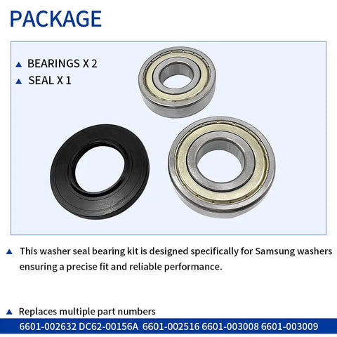 Washer Seal Bearing Kit For Samsung Replacement DC62-00156A 6601-002632 with two bearings and one gasket shown in package