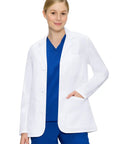 Women Lab Coat With Three Pockets Hip Length Long Sleeve White Pro Grade Coat For Medical Pros Lightweight Breathable Polyester Blend