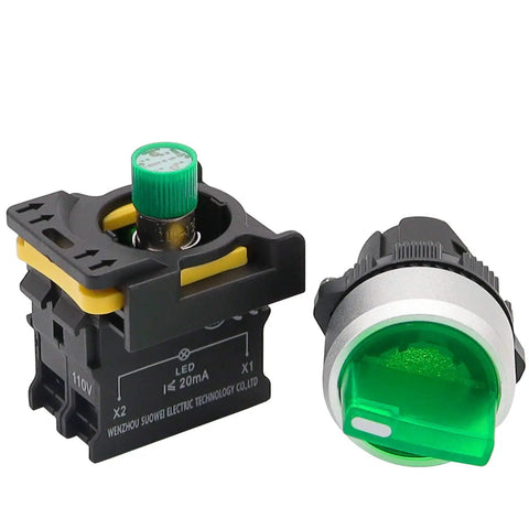 Green LED Indicator Rotary Switch 110V-220V 22mm IP65 Waterproof Latching 1 Normally Open 2-Position Panel Mount
