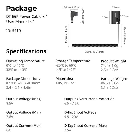 Specification details for Dummy Battery With D Tap Power Adapter For Canon LP E6P And EOS R6 Series Pro Gear Power Kit.