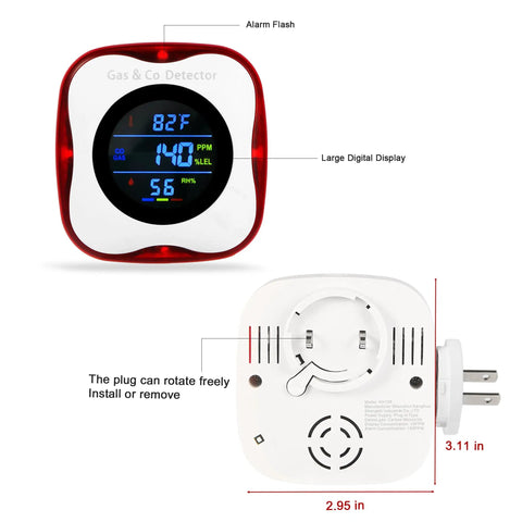 Four In One Plug In Carbon Monoxide And Gas Leak Detector With Real Time Display And Temperature Humidity Monitor For Home And RV Detects CO Natural Gas LPG LNG With Four Sensors with large digital display and plug