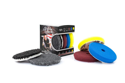 Buff and Shine Reflection Artist 6 Inch Buffing Kit with Five Uro Line Pads displayed with package near pads.