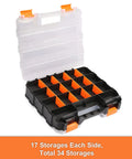 Open view of Double Side Tools Organizer With Removable Dividers, 34-Compartment Hardware Storage Box, lightweight plastic case