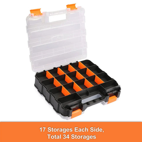 Open view of Double Side Tools Organizer With Removable Dividers, 34-Compartment Hardware Storage Box, lightweight plastic case