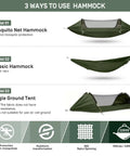 Three In One Camping Hammock With Mosquito Net showing mosquito net, classic hammock, and single ground tent setup options.