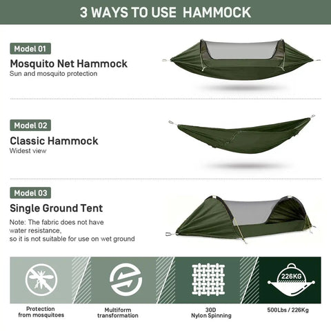 Three In One Camping Hammock With Mosquito Net showing mosquito net, classic hammock, and single ground tent setup options.