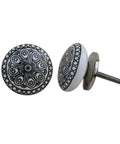 50 Piece Black Wheel Flat Ceramic Drawer Knobs For Kitchen Cabinets And Furniture Doors Durable Luxury Hardware Easy Install Rust Free Kid Friendly No Sharp Edges Dresser Pulls. Image shows two black and white ceramic knobs with a detailed decorative pattern on a white background, showcasing metal backing and screw.