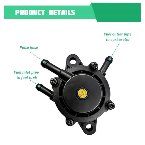 Top Shelf Gas Vacuum Fuel Pump With Filter And Supply Hose Fits Ch17 Ch25 Ch730 Ch740 25Hp To 75Hp Engines showing fuel inlet and outlet pipes.