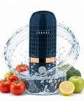 Cordless OH Ion Purifier Produce Cleaner for fruits and veggies with gentle bubble cleaning, surrounded by water and fresh produce.