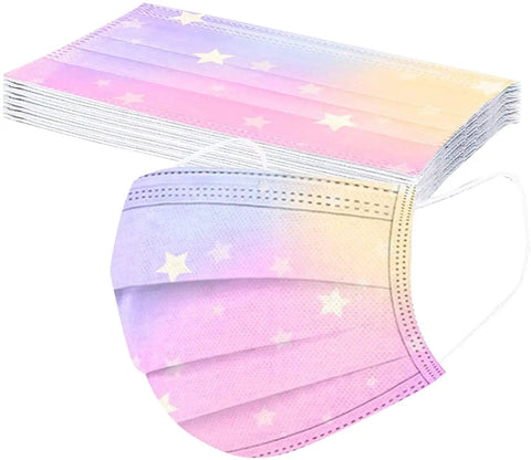 Kids Disposable Face Masks 50 Pack Breathable Three Layer Dust Filter Mouth Covers With Elastic Ear Loops and star pattern