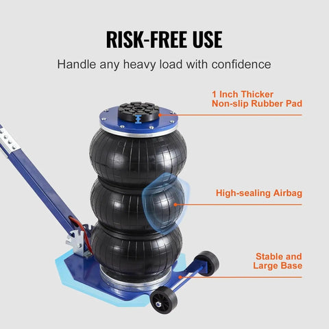 Heavy Duty Three Ton Air Jack With Triple Bag Design And Six Steel Pipes Delivers Rock Solid Stability For Lightning Fast 6600 Pound Car Lifts Under Five Seconds With Comfort Swing Handles
