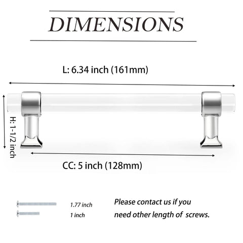 Dimensions of 5 Inch Center To Center Polished Chrome Cabinet Pulls with Clear Acrylic Inserts shown with total length 161mm, height 38mm.