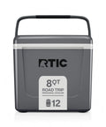 Front view of Road Trip 8 Qt Personal Cooler Compact And Lightweight Insulated Ice Chest That Fits Up To 12 Cans, dark grey color.