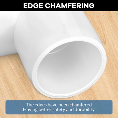 Edge chamfering detail on Sixteen Pack 1 Inch Tee PVC Fittings 3 Way Furniture Grade Pipe Elbow Connectors For DIY PVC Shelving Greenhouse Projects Durable Premium PVC Material For Low Temperature Impact UV Resistance