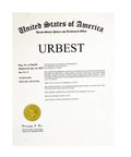 URBEST patent certificate document with United States header, gold seal and signature.