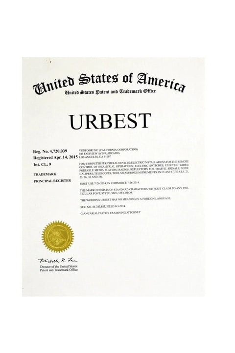 URBEST patent certificate document with United States header, gold seal and signature.