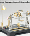 Old School Transmission System Kit For SE Series Mini Workshop Models Hands On DIY Steam Engine Build Set Functional Brass And Stainless Steel Mechanisms 27 Piece Collectible Industrial Display For Adults Retro Tech Gift, steampunk miniature scene with lamp.
