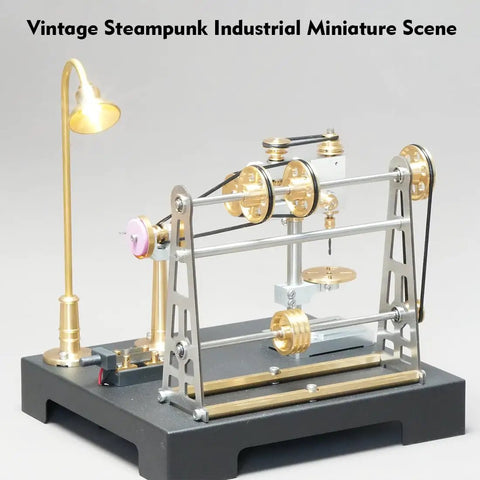 Old School Transmission System Kit For SE Series Mini Workshop Models Hands On DIY Steam Engine Build Set Functional Brass And Stainless Steel Mechanisms 27 Piece Collectible Industrial Display For Adults Retro Tech Gift, steampunk miniature scene with lamp.