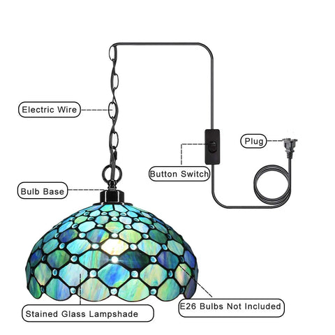 Sea Blue Pearl Tiffany Style Pendant Light Plug In Swag Lamp With 12 Inch Glass Shade Adjustable 32 Inch Chain And 15 Foot Cord Easy Switch Near Plug