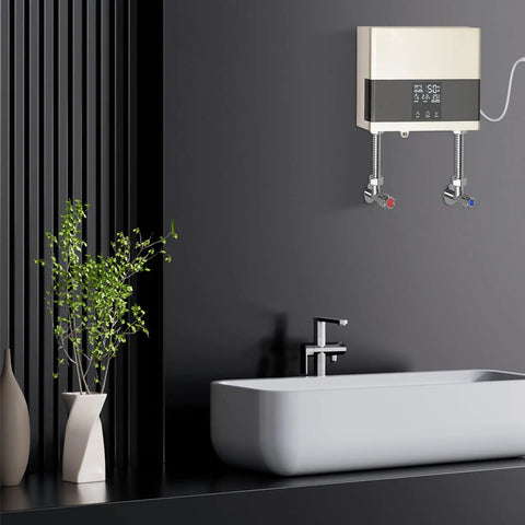 Mini Tankless Water Heater Electric 4000W 110V mounted above sleek sink, space-saving design with advanced temperature control.