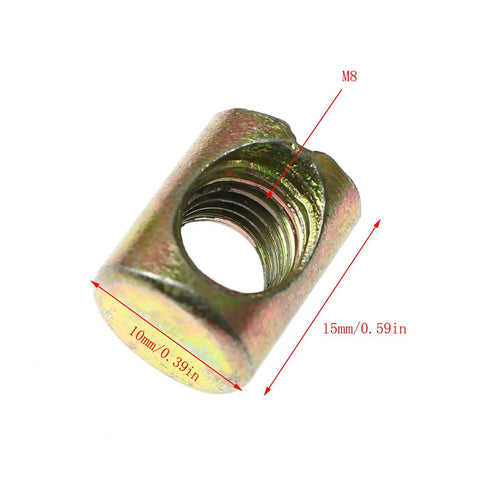 Pack Of Twelve M8 X 15mm Galvanized Barrel Nuts With Pozidriv Top Drive, close-up view showing size and threaded design.