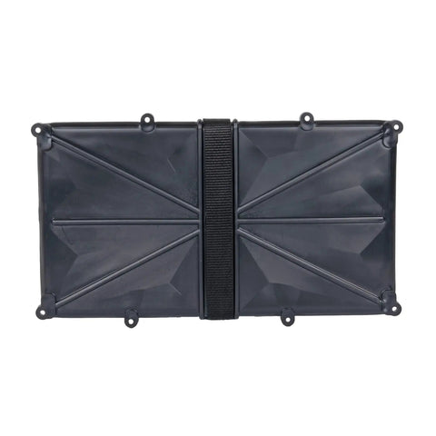 Top view of Compact Narrow Battery Tray Holder For Boats And RVs With Space Saving Design For Group 29/31, NMMA Certified with strap.