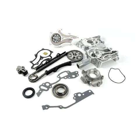 Get Your Ride Running Smooth With This Heavy Duty Timing Chain Kit Cover And Steel Oil Rail Plus Water Pump For Toyota 4Runner Pickup Celica 2.4L L4 Engine No More Leaks Or Stretching Problems Ever Again timing chain kit with aluminum cover, chain, gaskets, and water pump parts