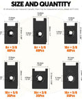 Diagram of 225 Piece SAE U Nut Clip Assortment Kit With Six Sizes For Auto Car Speed Nuts Fasteners In Storage Box Perfect For Dash Door Panel And Interior Trim On Your Ride showing dimensions and quantities.