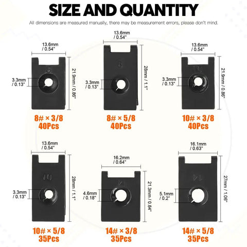 Diagram of 225 Piece SAE U Nut Clip Assortment Kit With Six Sizes For Auto Car Speed Nuts Fasteners In Storage Box Perfect For Dash Door Panel And Interior Trim On Your Ride showing dimensions and quantities.