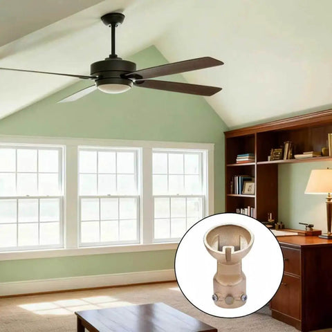 Living room with sloped ceiling fan adapter, part of the Sloped Ceiling Fan Adapter for 0 to 45 Degree Ceilings, Black Mounting Bracket Kit.