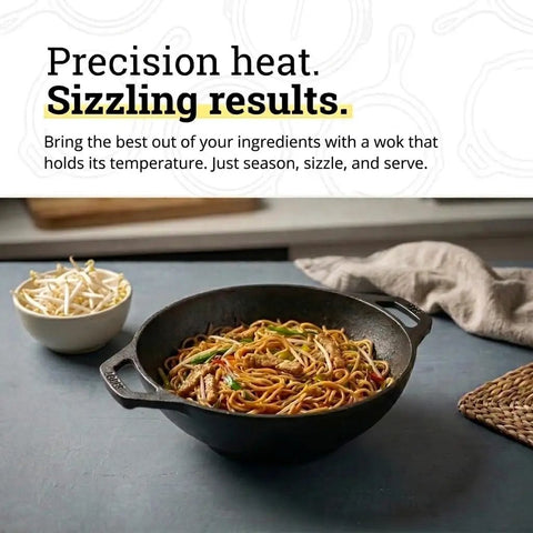 Mini Cast Iron Wok For Stir Fry Lovers With Naturally Seasoned Finish and stir-fry noodles, dual loop handles, 9 inch size.