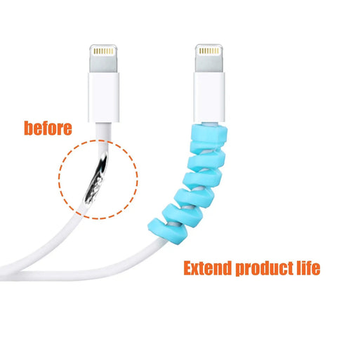 Comparison of frayed cable vs. protected one with 24 Pcs Silicone Cable Protector Set Flexible Spiral USB Charger Cable Saver in blue.