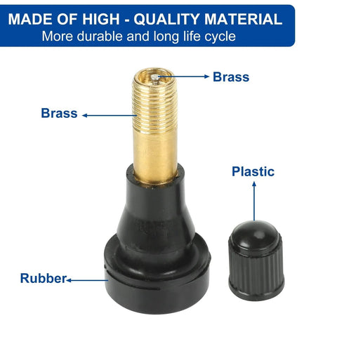 Tire valve stem, brass body with rubber base and black plastic cap; 1-1/4 inch snap-in for cars.