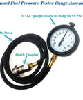 Duramax Diesel Fuel Pressure Tester Gauge Kit With Quick Coupler 30 inHg To 15 PSI Range 6 Ft Hose For GM Duramax 6.6L Diesel Fuel System Diagnostics And Troubleshooting. 3.5-inch gauge with 6-ft hose and quick coupler