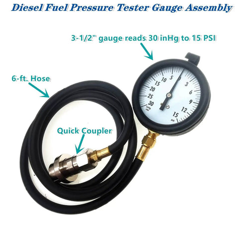 Duramax Diesel Fuel Pressure Tester Gauge Kit With Quick Coupler 30 inHg To 15 PSI Range 6 Ft Hose For GM Duramax 6.6L Diesel Fuel System Diagnostics And Troubleshooting. 3.5-inch gauge with 6-ft hose and quick coupler