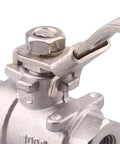 Close-up of a stainless steel 304 ball valve with blue lever handle and top hex nut (1/4" NPT)